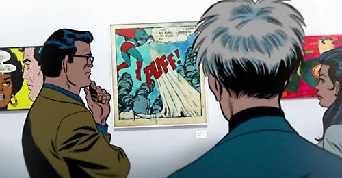 Супермен (Кларк Кент) рассматривает картину Уорхола вместе с автором.